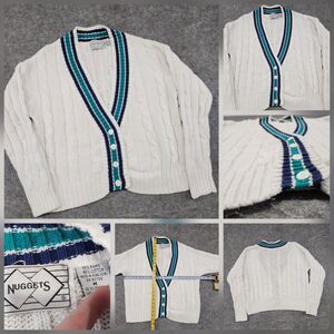 VTG Nuggets Womens M Medium Varsity Preppy V Neck Cableknit Cardigan Sweater